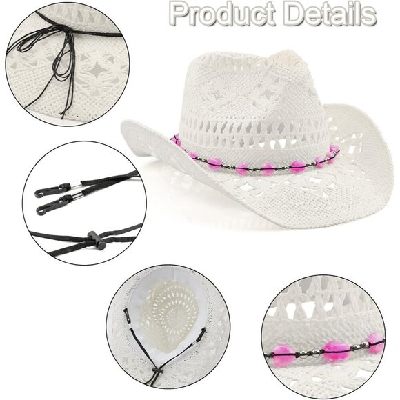 Women\'s Straw Wide with Shapeable Brim Cowboy Cowgirl Hatband Hat White + Pink main image 6